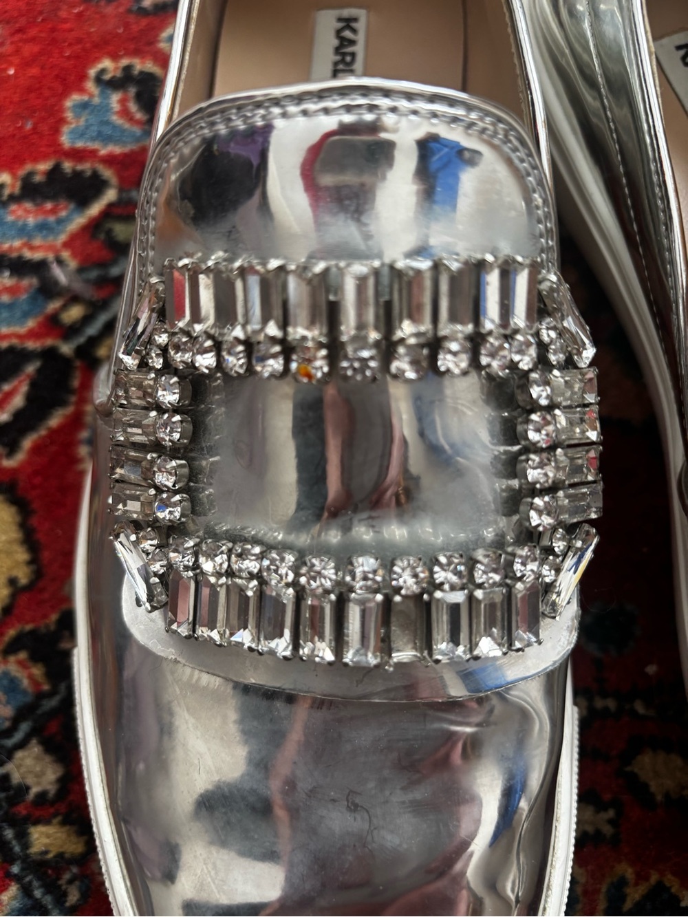 Karl Lagerfeld Silver Crystal-Embellished Slip-On Loafers 8 -39B.  made in Italy - Picture 6 of 8
